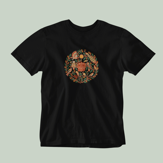 Birds Keep Wilder Stories Alive Indian Chittara-inspired bird folk art graphic Black T-shirt by Tucktribe
