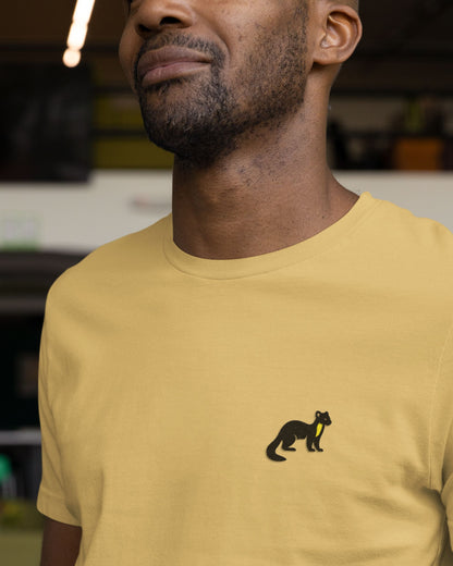 Man wearing Beige Supima cotton t-shirt with embroidered Nilgiri Marten wildlife design by Tucktribe
