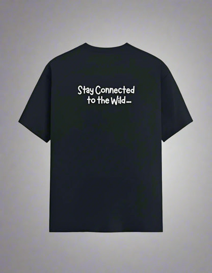 Navy blue t-shirt with text 'Stay Connected to the Wild' on a white background