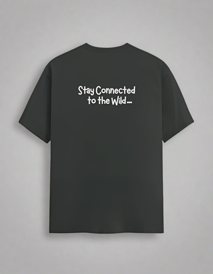 grey t-shirt with 'Stay Connected to the Wild' text on the back against a white background