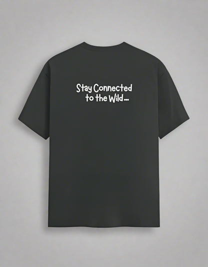 grey t-shirt with 'Stay Connected to the Wild' text on the back against a white background