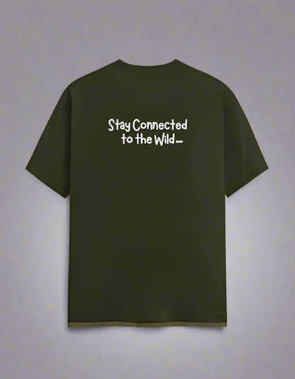 olive-shirt with text 'Stay Connected to the Wild' on a white background