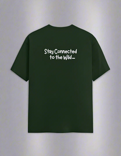 olive green t-shirt with 'Stay Connected to the Wild' text on the back against a white background