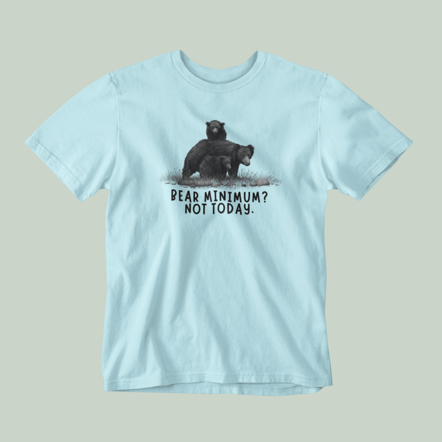 Mint t-shirt with bear graphic and text on a gray background