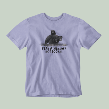 lavender t-shirt with bear graphic and text on a light gray background