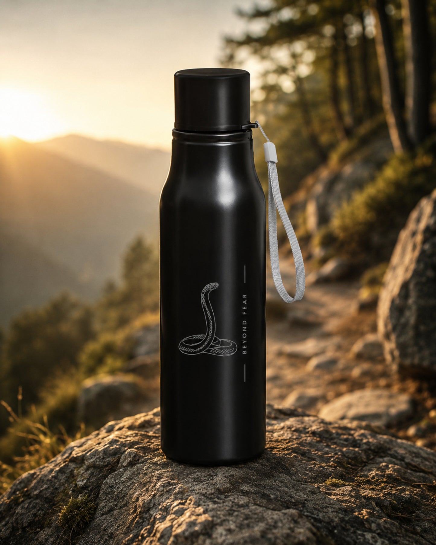 closeup of a matte black insulated tucktribe water bottle on a boulder with a matching black screw cap and a white wrist strap, featuring a engraving of a cobra and the text 'BEYOND FEAR' on the front, set against a nature background.