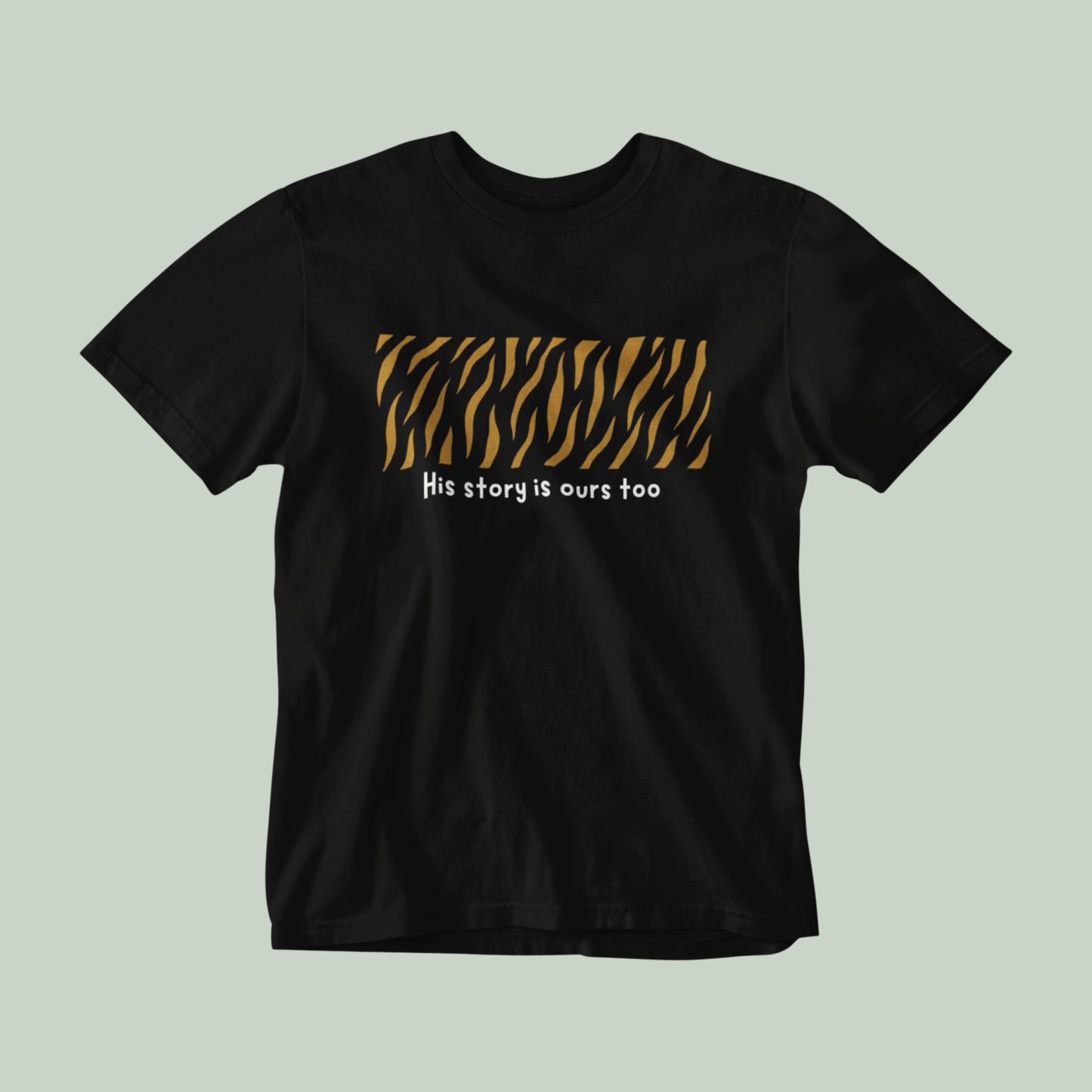 Black t-shirt with tiger stripe design and text on a light gray background