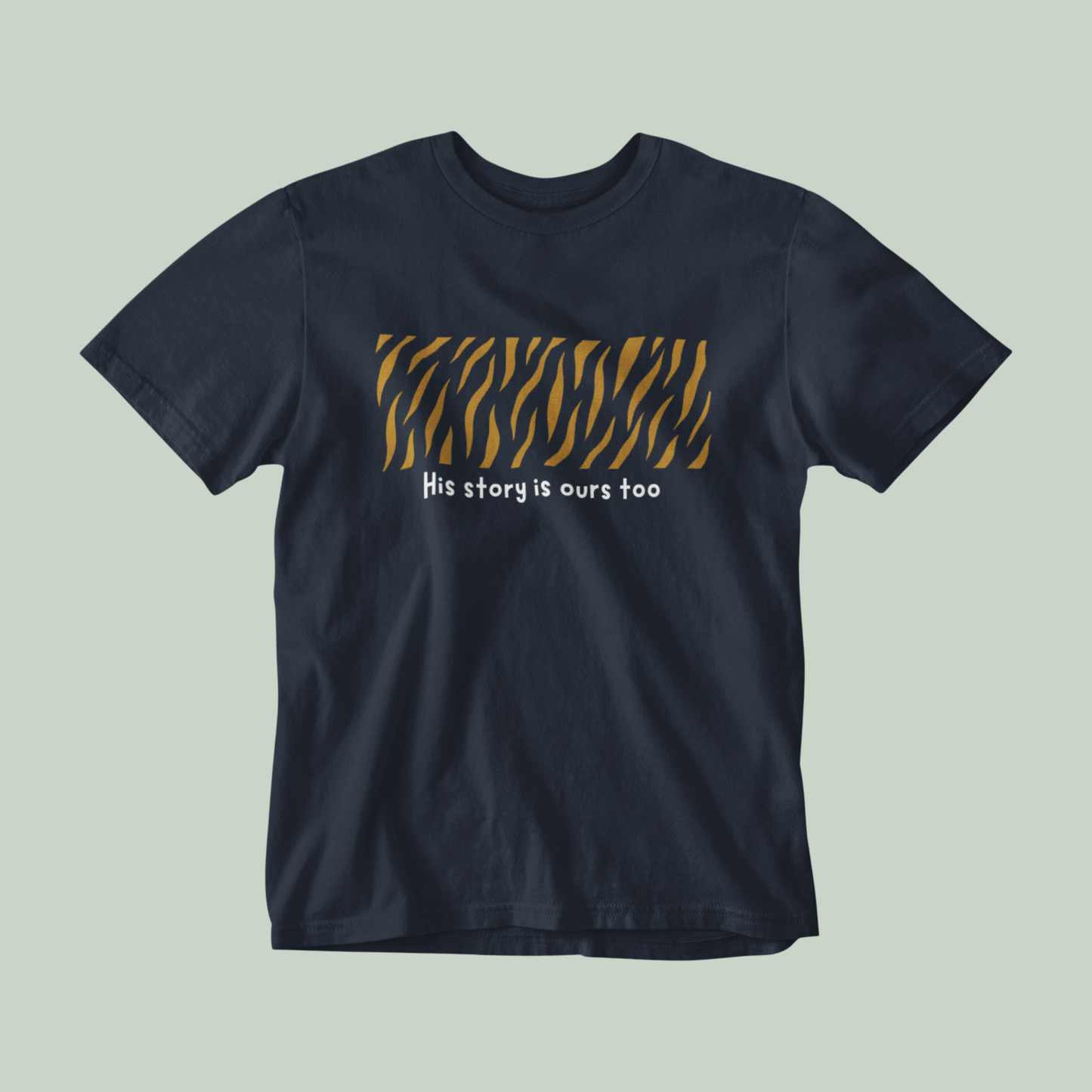 Navy blue t-shirt with tiger stripe pattern and text on a light gray background