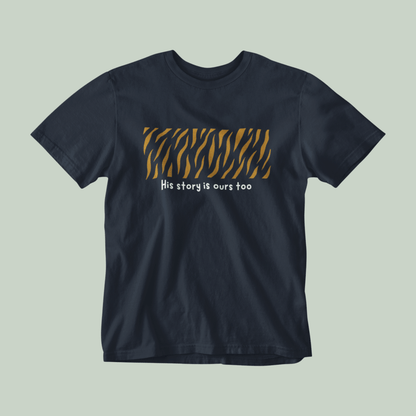 Navy blue t-shirt with tiger stripe pattern and text on a light gray background