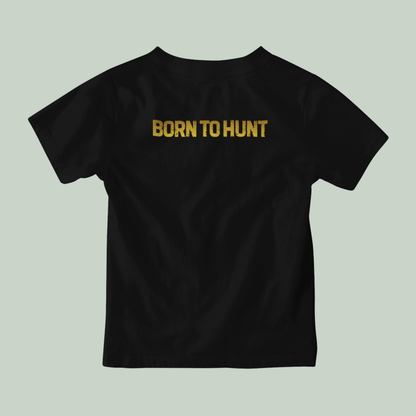Back view of a Black tucktribe t-shirt with 'BORN TO HUNT' text on a light gray background