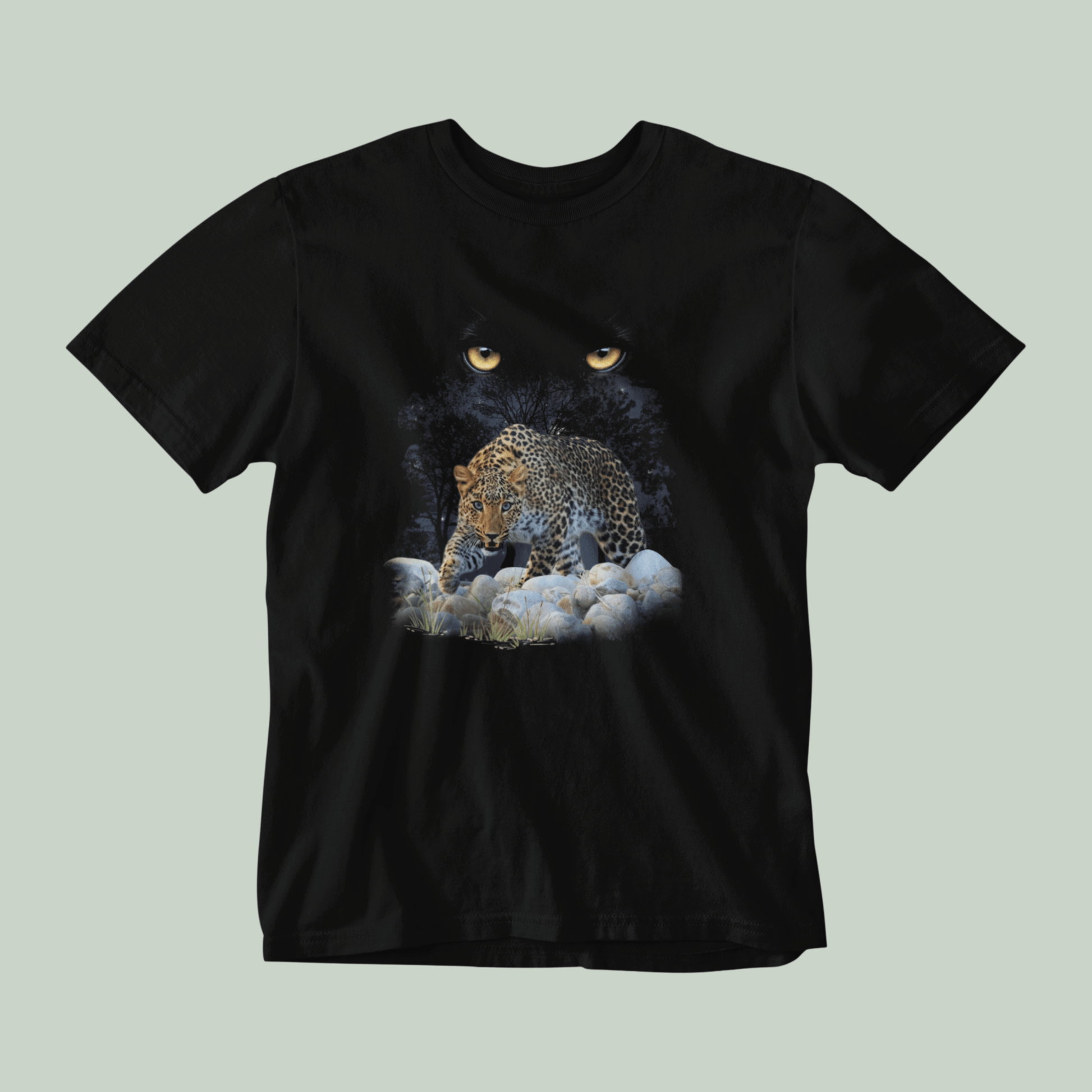 Black tucktribe t-shirt with a leopard design on a light gray background