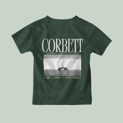 Bottle Green t-shirt with 'Corbett' graphic on a light gray background