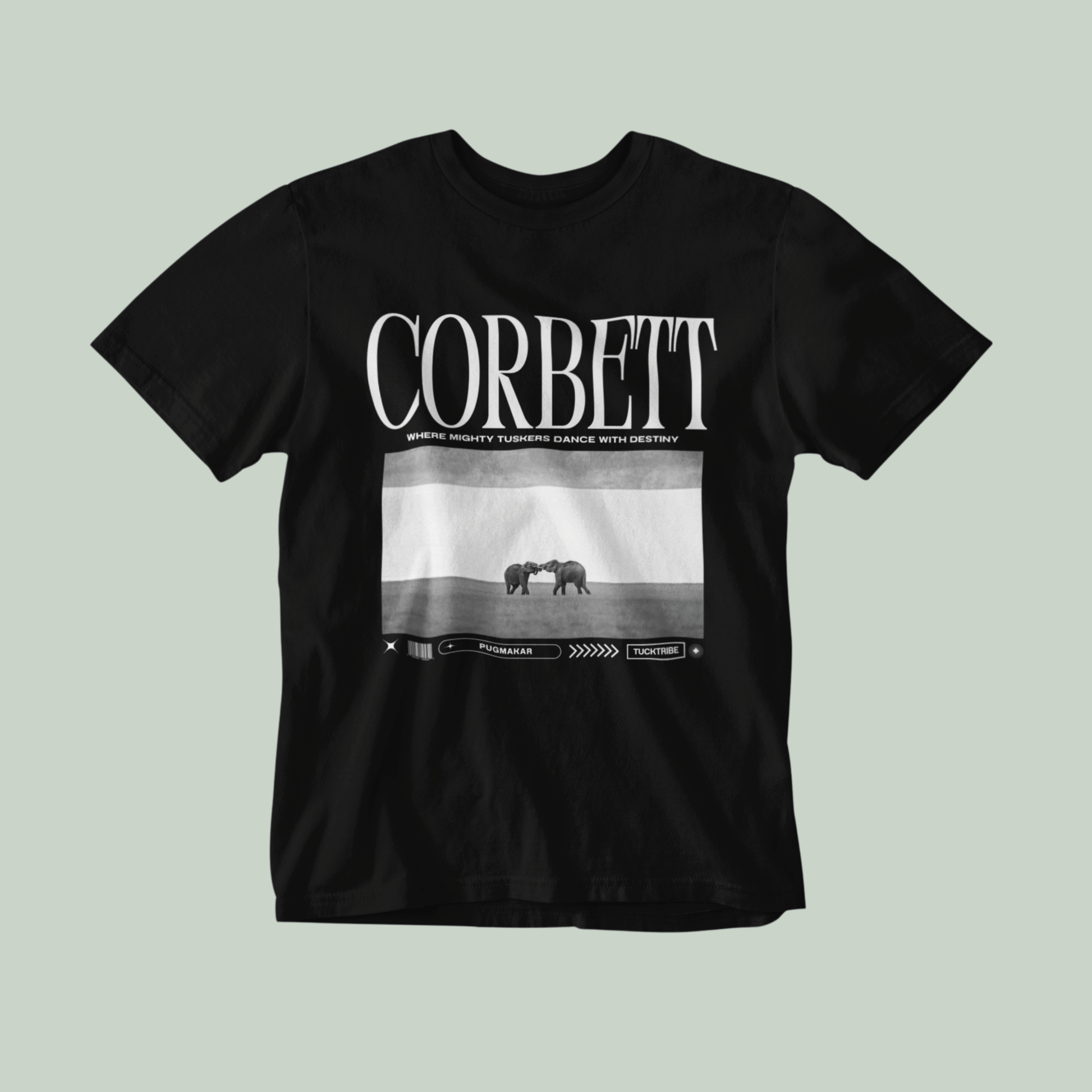 Black t-shirt with 'Corbett' design featuring two elephants on a light green background