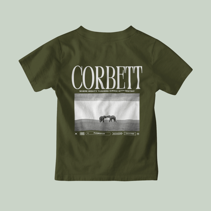 olive Green t-shirt with 'Corbett' design on a light gray background