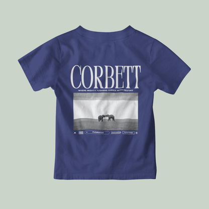 royal Blue t-shirt with 'Corbett' text and elephant graphic on a light gray background