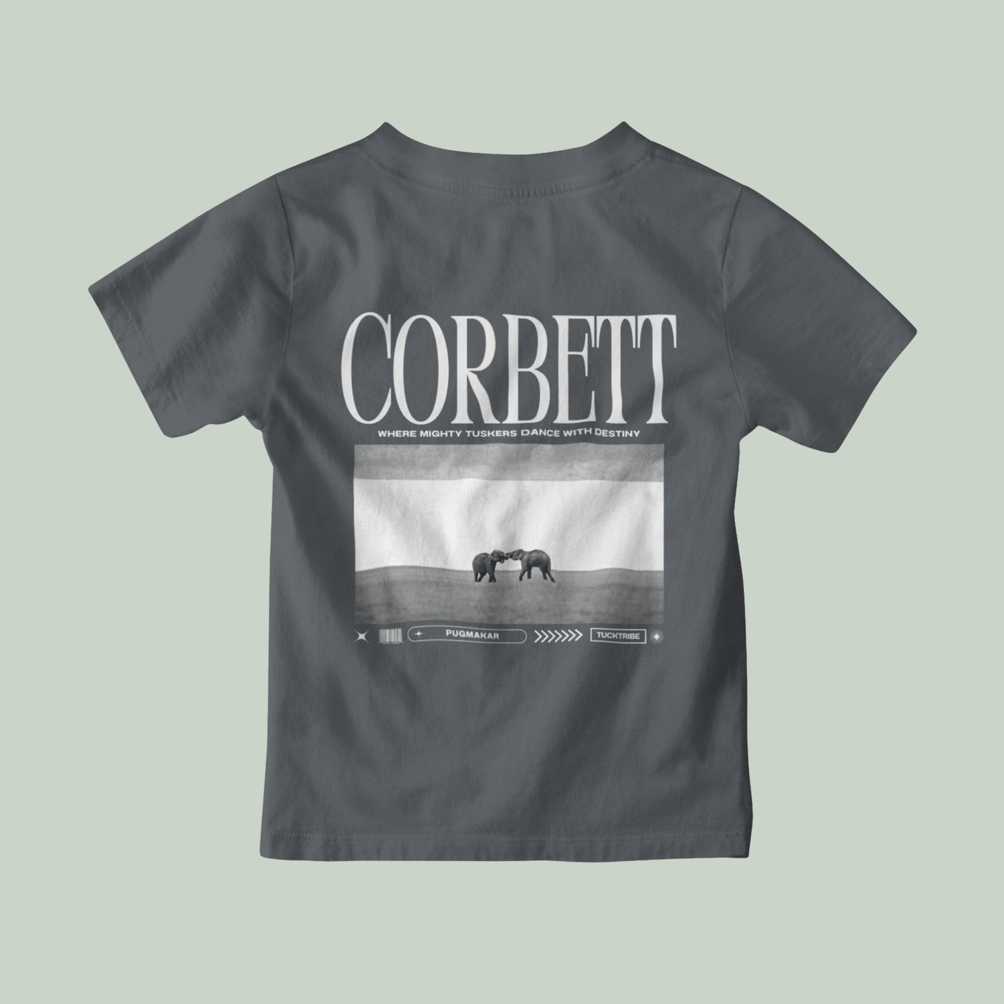 steel Gray t-shirt with 'Corbett' design on a light gray background