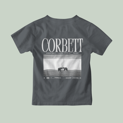 steel Gray t-shirt with 'Corbett' design on a light gray background