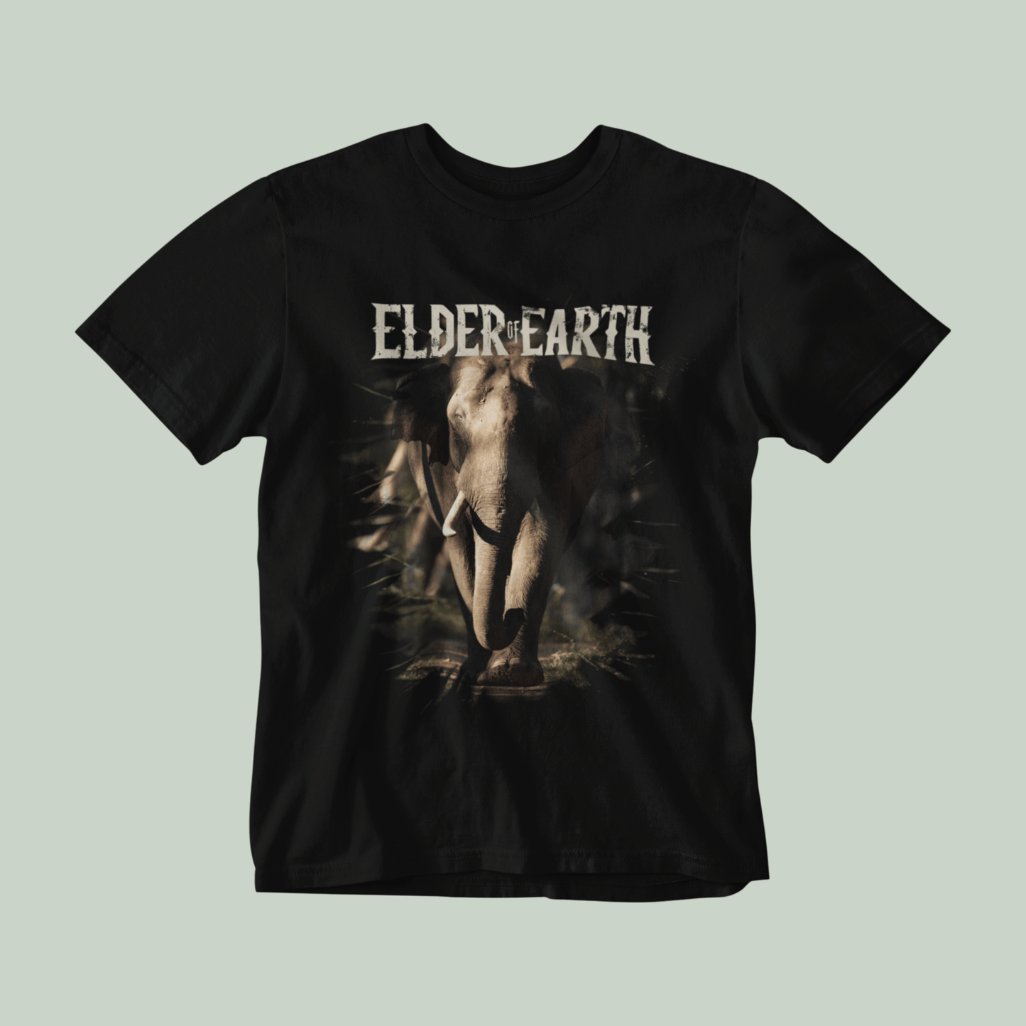 Black Tshirt with Elephant Graphic and a text ELDER OF EARTH on it