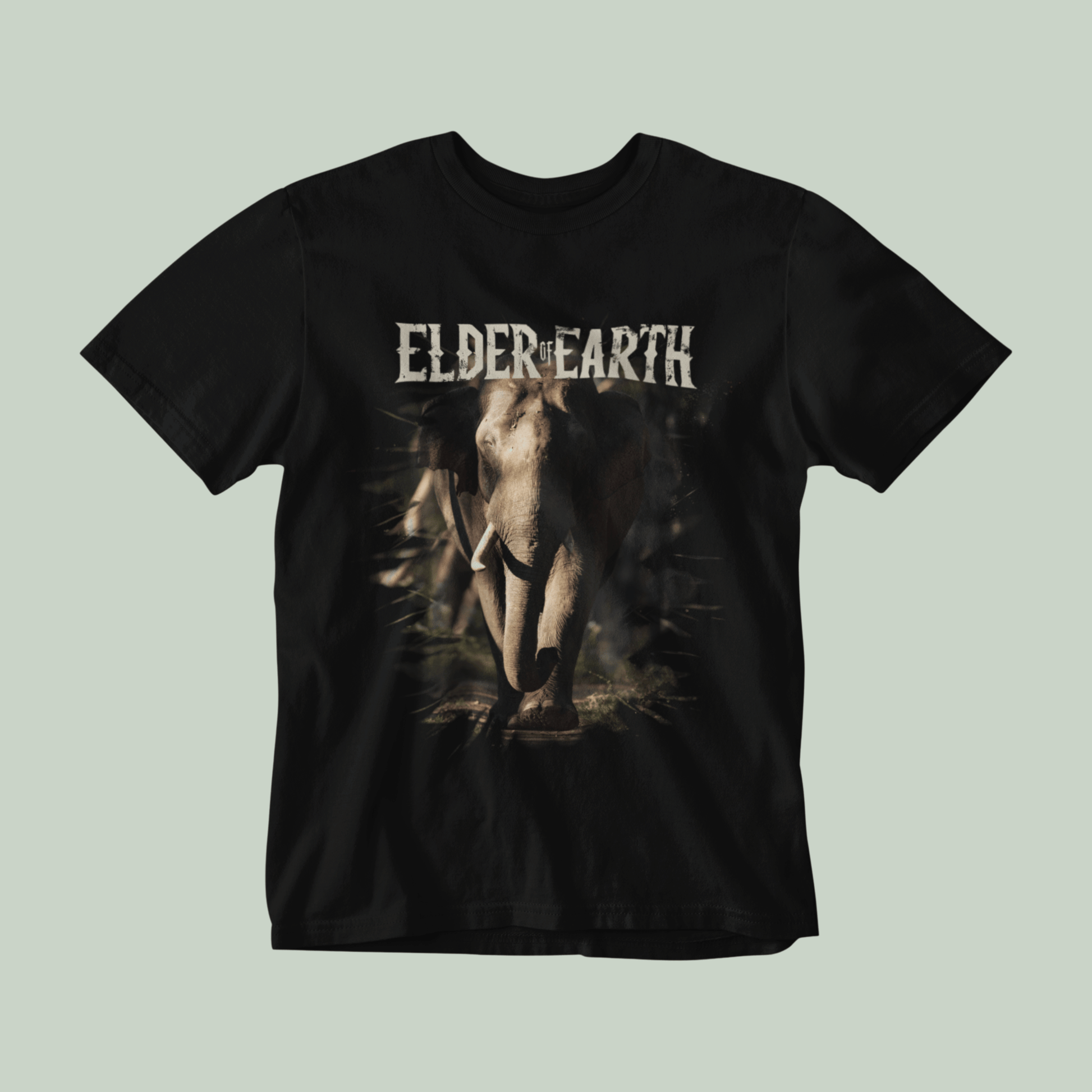 Black Tshirt with Elephant Graphic and a text ELDER OF EARTH on it
