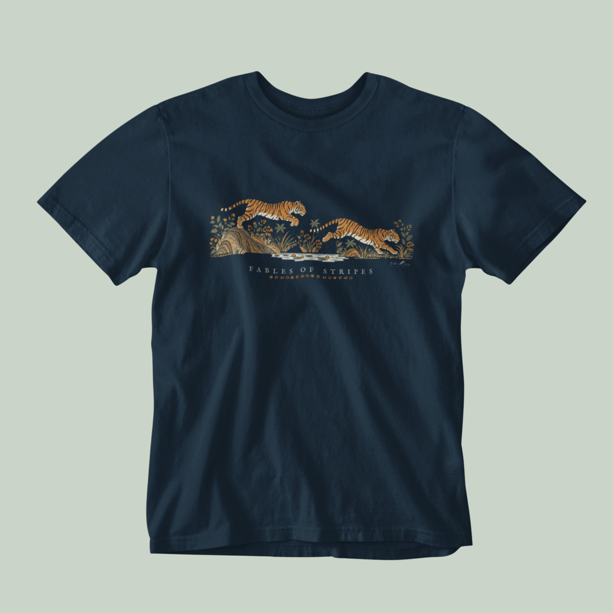 Fables of Stripes Bengal tiger illustration in Indian folk art style on a navy blue tshirt by Tucktribe