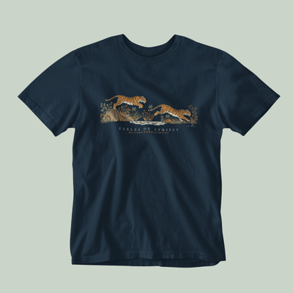 Fables of Stripes Bengal tiger illustration in Indian folk art style on a navy blue tshirt by Tucktribe