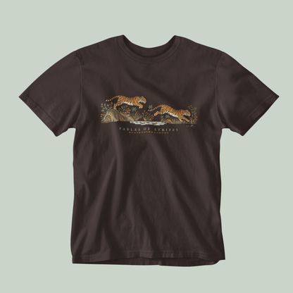 Fables of Stripes Bengal tiger illustration in Indian folk art style on brown tshirt by Tucktribe