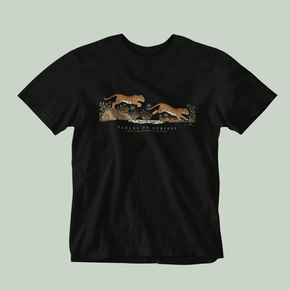 Fables of Stripes Bengal tiger illustration in Indian folk art style on a black tshirt by Tucktribe