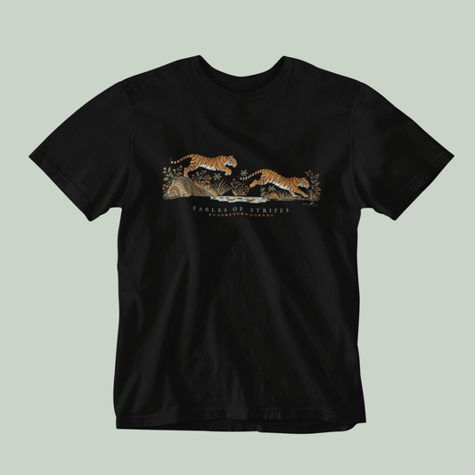 Fables of Stripes Bengal tiger illustration in Indian folk art style on a black tshirt by Tucktribe