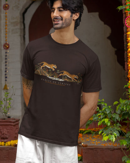 man wearing a brown Tucktribe Fables of Stripes unisex tiger graphic T-shirt