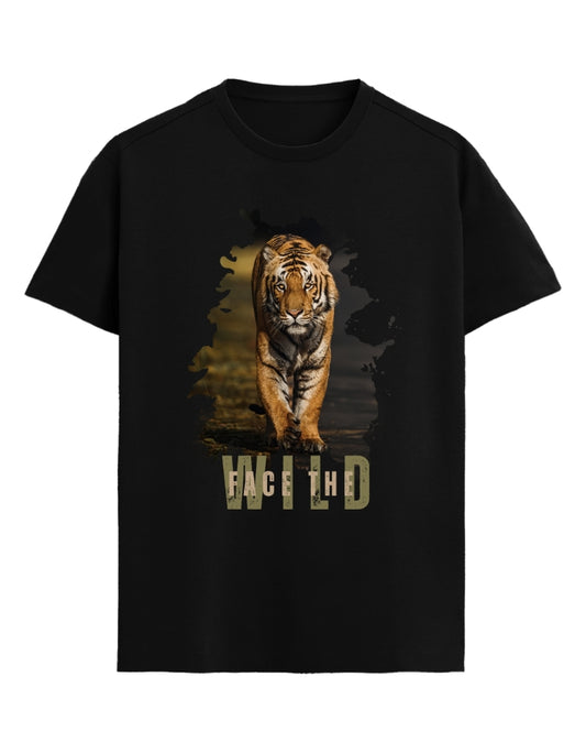 Black t-shirt with a tiger graphic and 'Face the wild' text on a white background