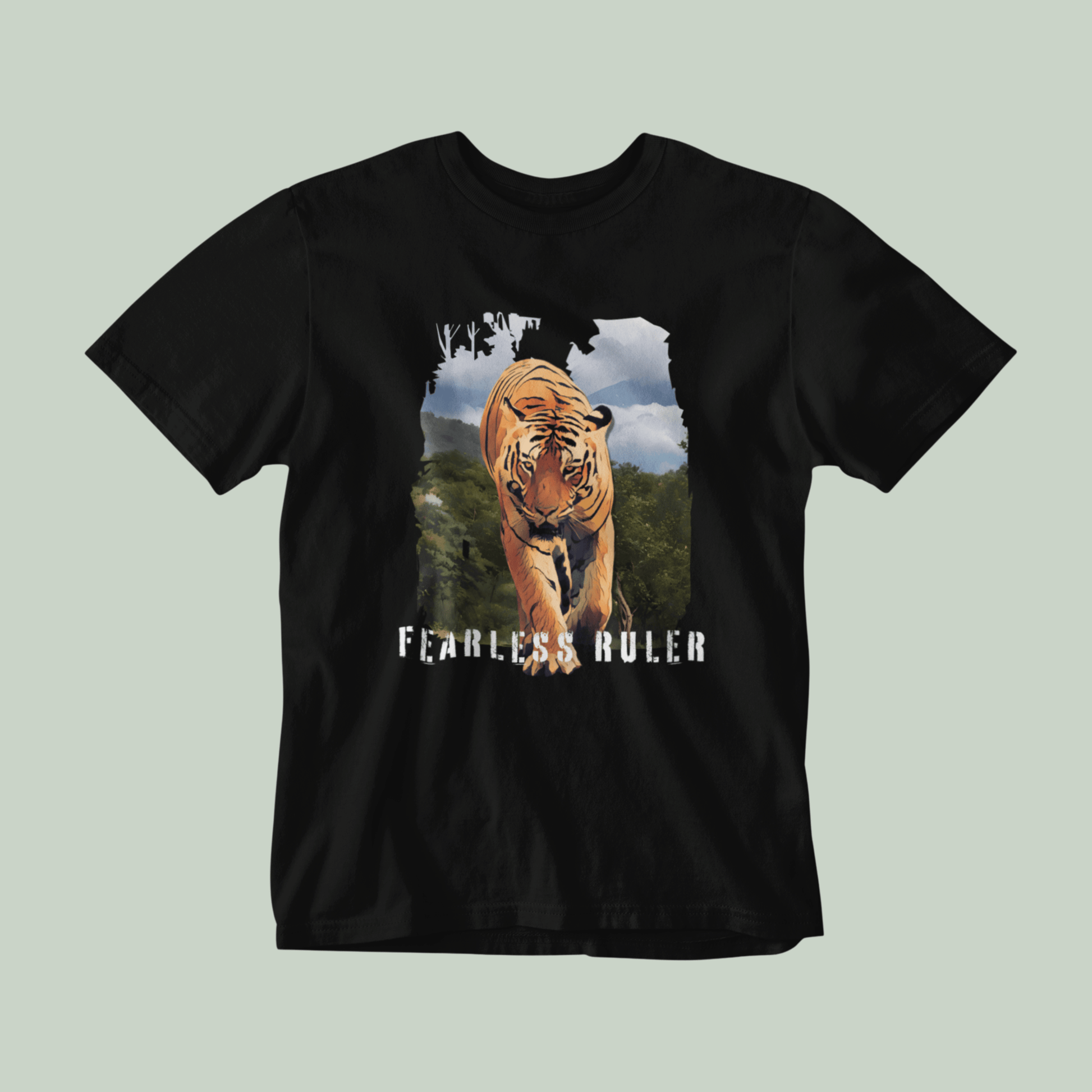 Black tshirt with Tiger graphic in front and with text FEARLESS RULER