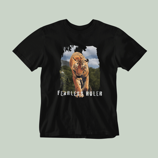 Black tshirt with Tiger graphic in front and with text FEARLESS RULER