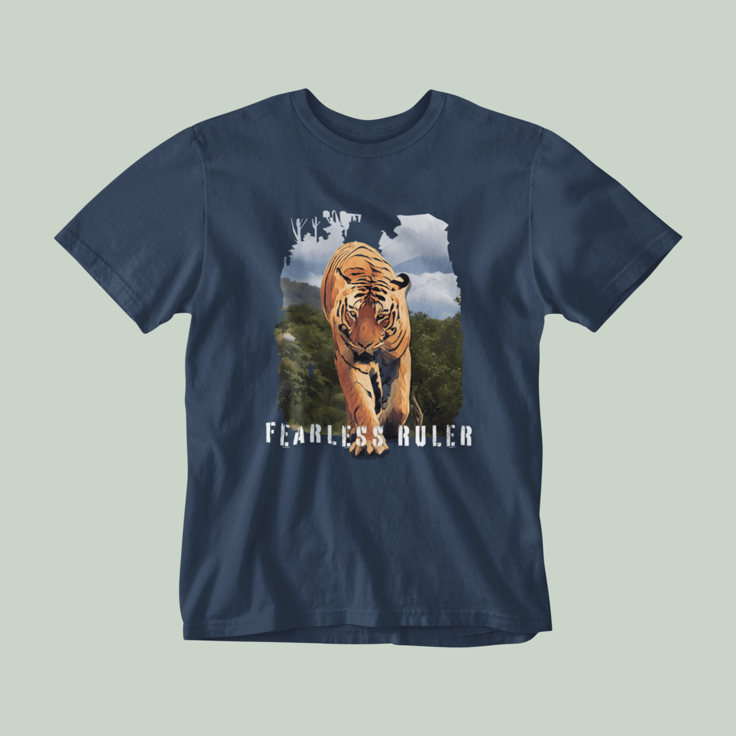NavyBlue tshirt with Tiger graphic in front and with text FEARLESS RULER