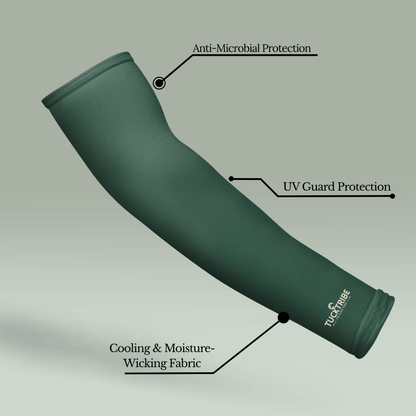 Forest Green arm sleeve with labeled features on a green background