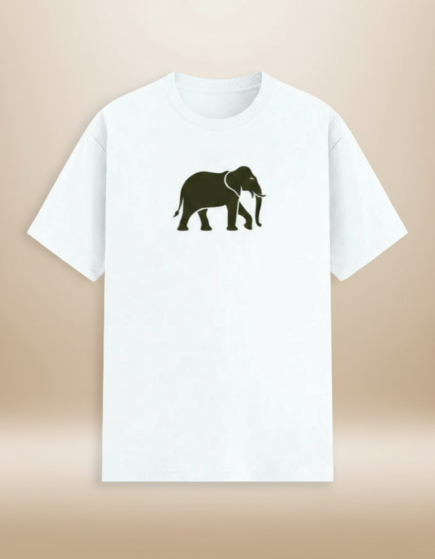 White t-shirt with a green elephant graphic on a white background