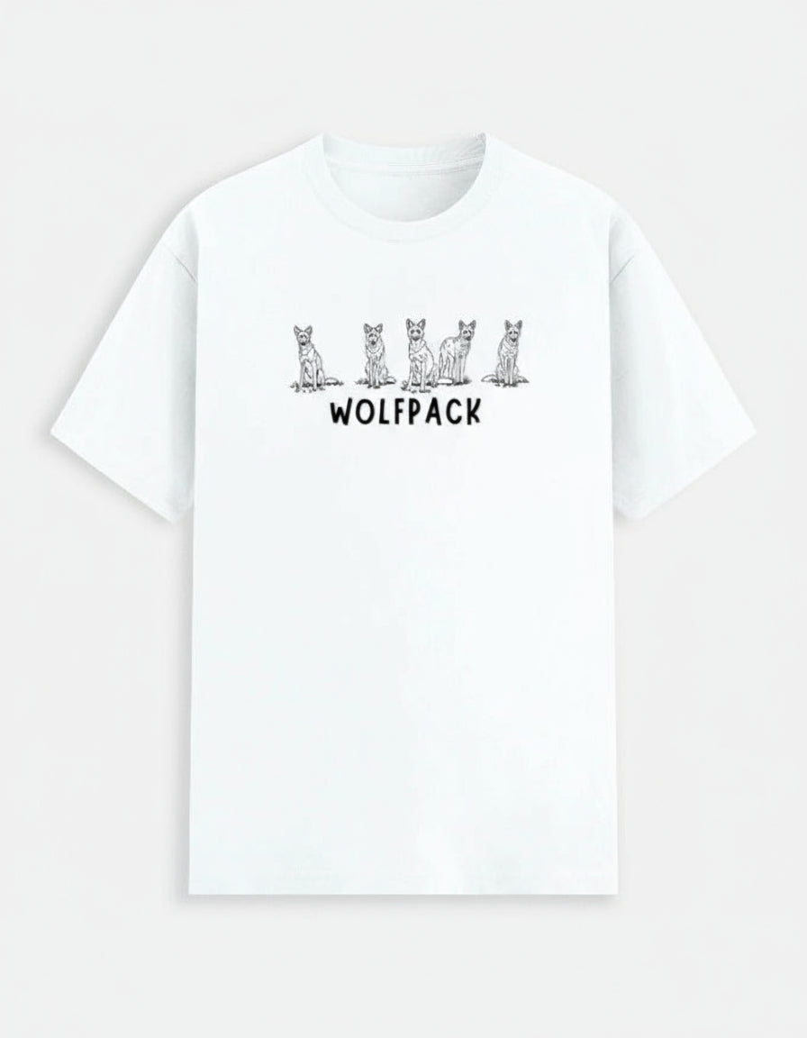 White t-shirt with 'WOLFPACK' and wolf graphic on a white background