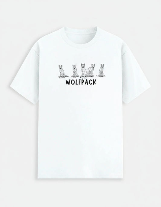 White t-shirt with 'WOLFPACK' and wolf graphic on a white background