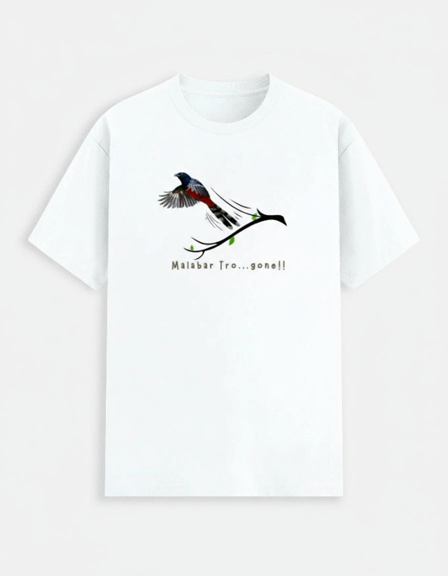 White t-shirt with a bird design and text on a white background