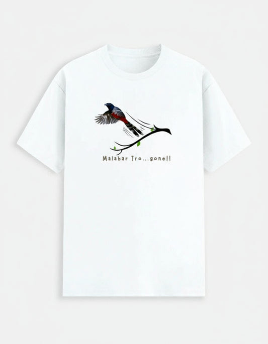 White t-shirt with a bird design and text on a white background