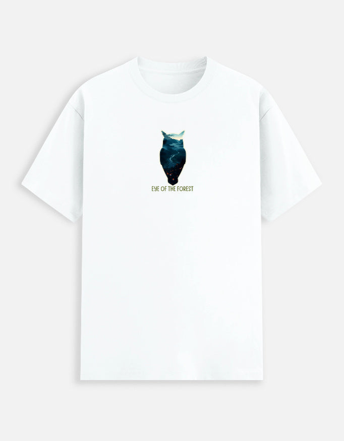 White t-shirt with an owl graphic and text on a white background