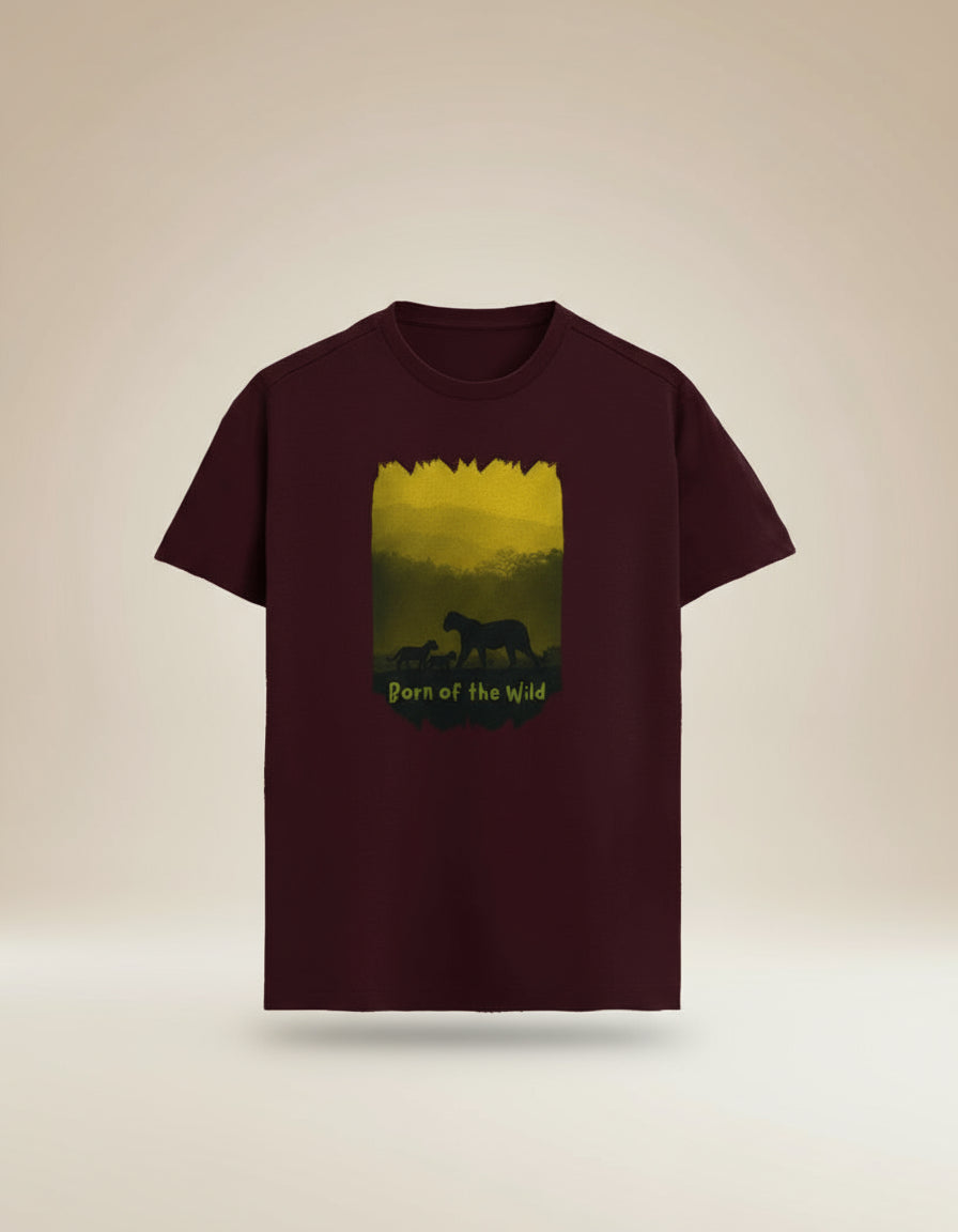 Maroon t-shirt with a graphic of a tiger and cubs in a forest and 'Born of the Wild' text on a white background