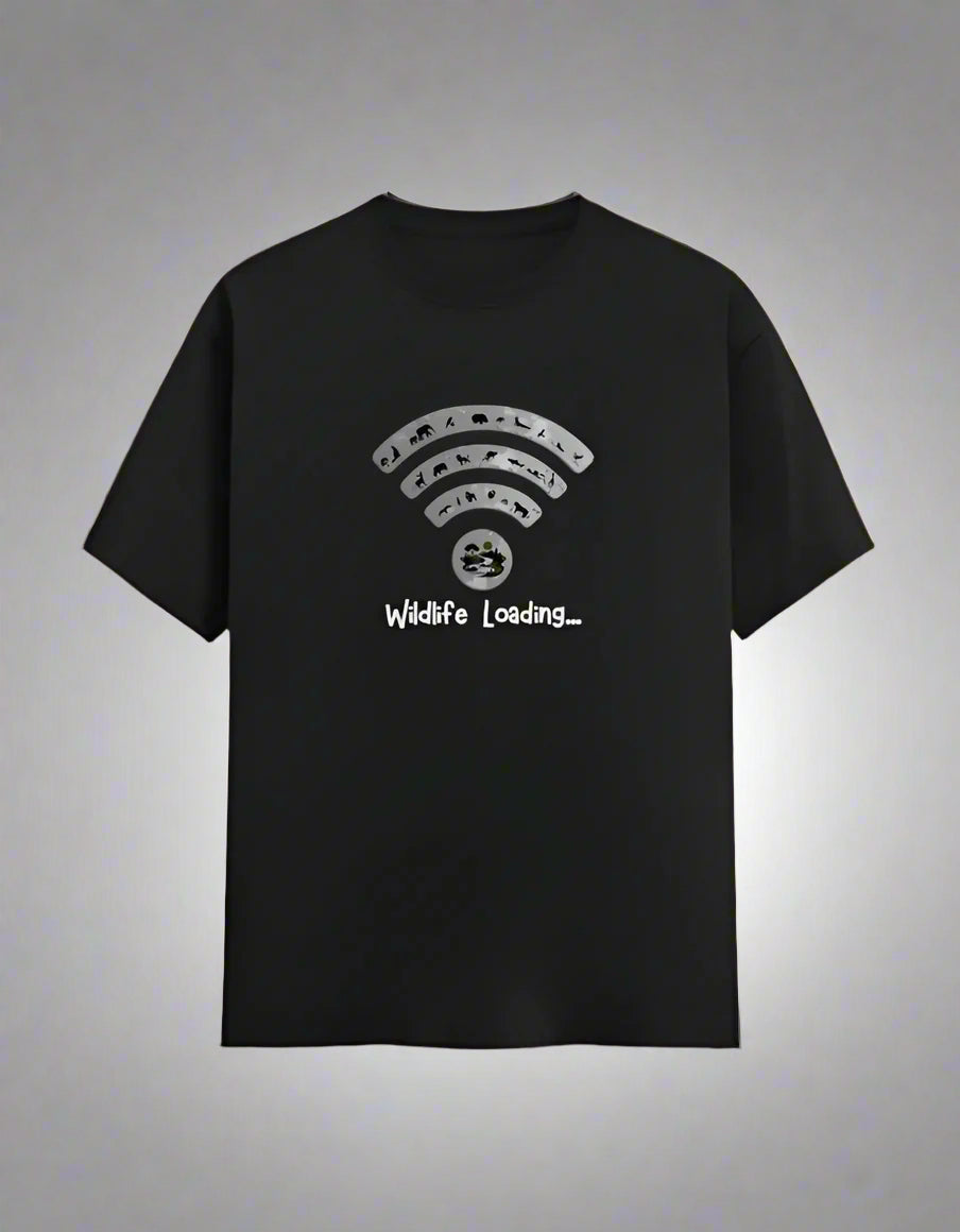 Black t-shirt with a white graphic design on a white background