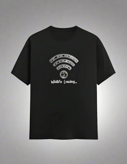 Black t-shirt with a white graphic design on a white background
