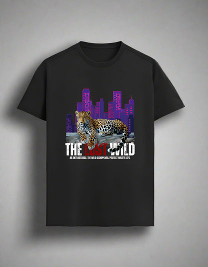 Black t-shirt with a leopard graphic and cityscape on a gray background