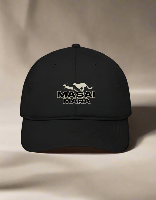 Black cap with 'MASAI MARA' text and logo on a white background