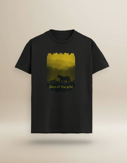 Black t-shirt with a graphic of a tiger and cubs and 'Born of the Wild' text on a yellow background
