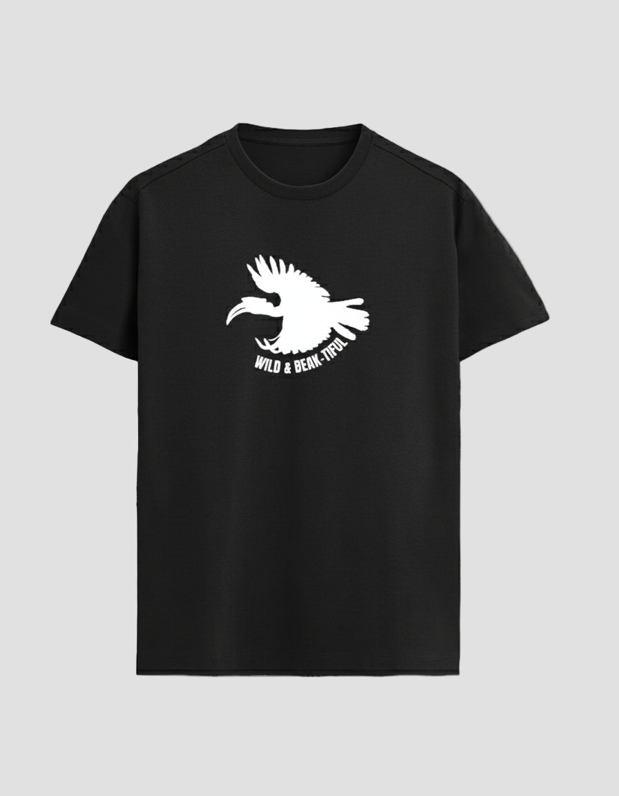Black t-shirt with a white bird graphic and text on a white background