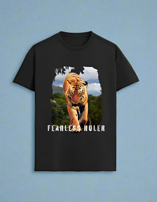 Black t-shirt with a tiger graphic and 'Fearless Ruler' text on a blue background