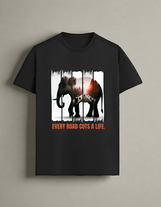 Elephant conservation T-shirt in black with fragmented silhouette artwork and the message "Every Road Cuts a Life" in bold orange.forest