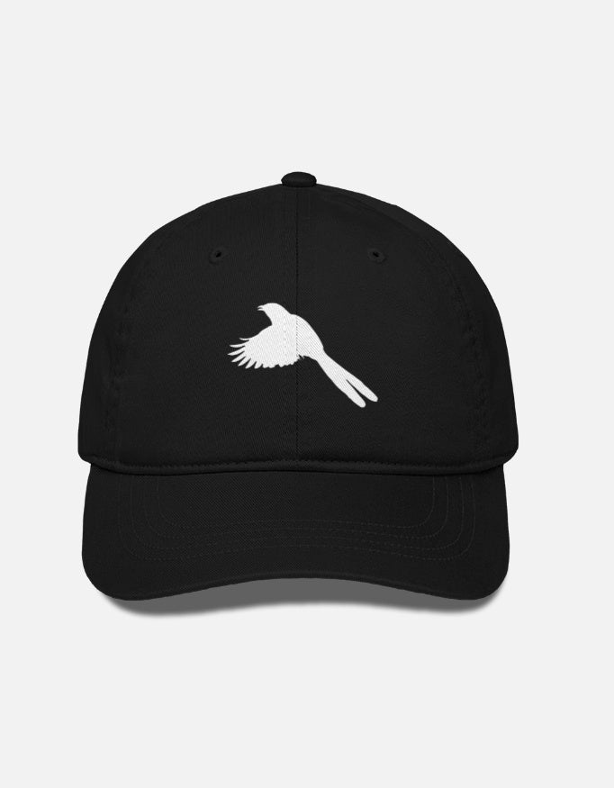 Black cap with a white bird silhouette on a light gray background